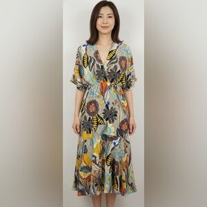 UNBRANDED Vintage Mod Print Kimono Sleeve Fitted Low Back Polyester Dress Small